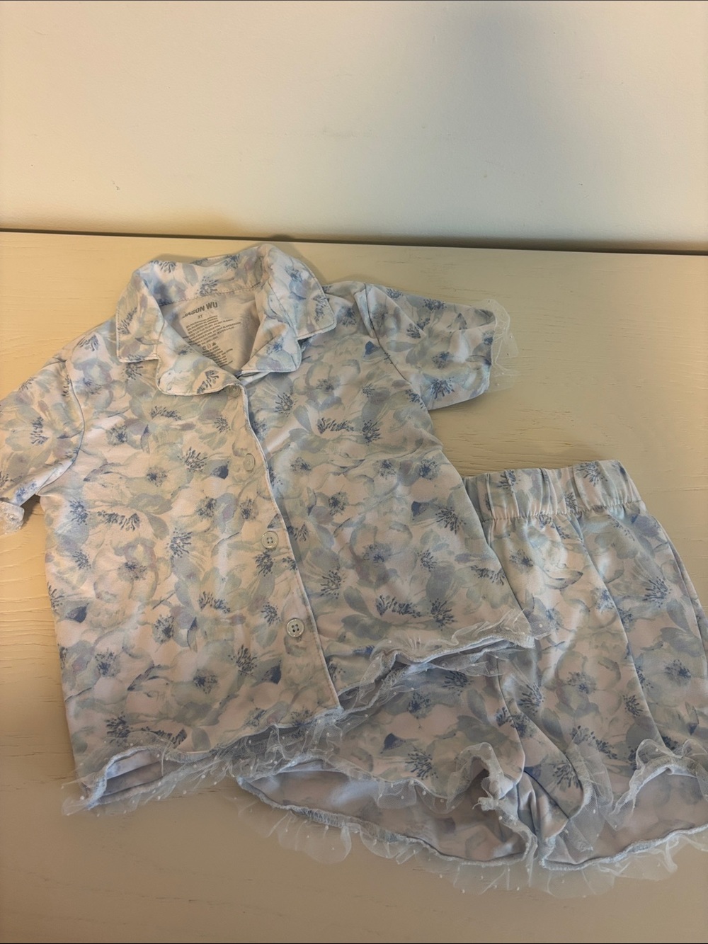 Jason Wu Blue and White Floral Short Pajama Set with Ruffle Trim